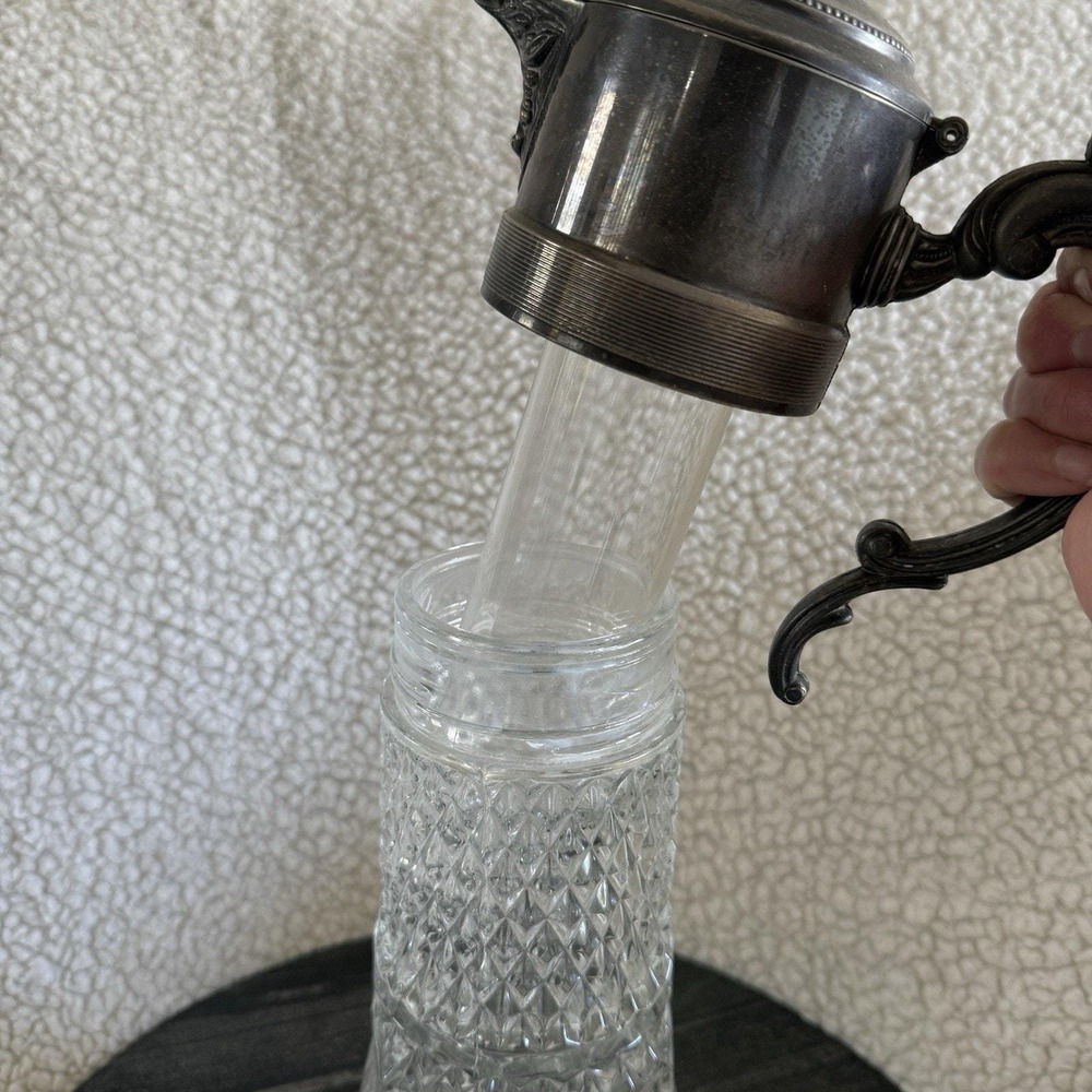 Vintage Crystal Glass Pitcher Silver Plate Carafe With Ornate Handle Chiller 14" - Picture 2 of 5